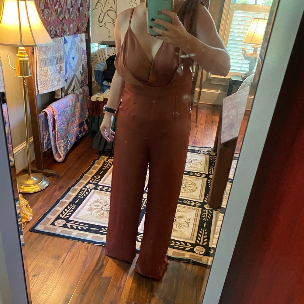 Lulu’s Satin Pink Look of Luce Rusty Rose Jumpsuit - Picture 11 of 11